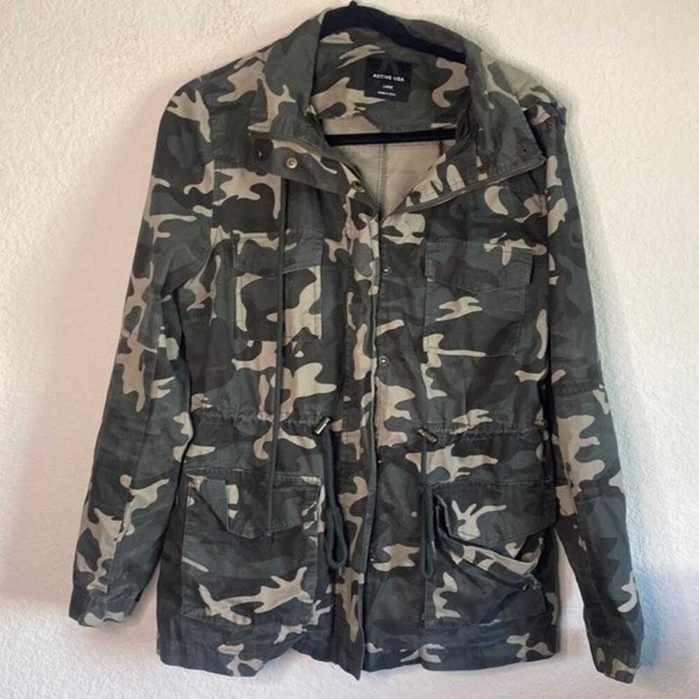 Active USA camo cargo jacket utility Moto grunge pockets goth military L gorp